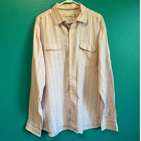 Tommy Bahama Pink & White Linen Long Sleeve Button Down Shirt Men's XL - Picture 3 of 10